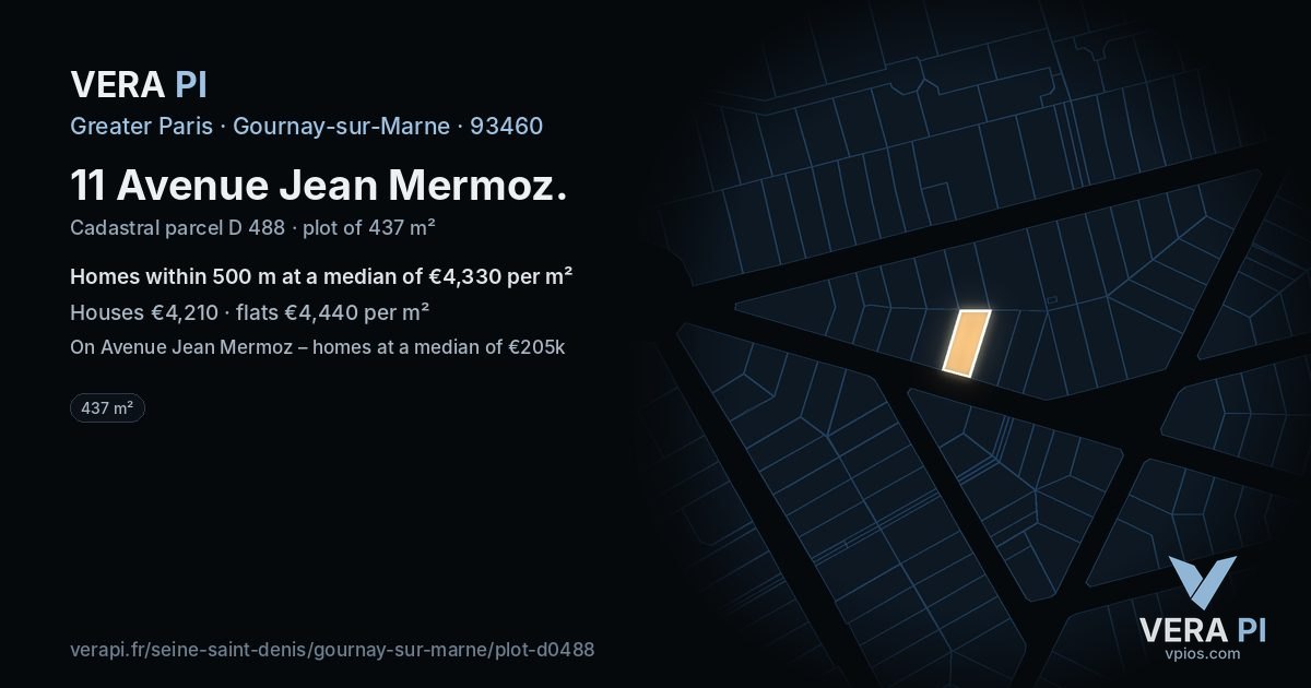 11 Avenue Jean Mermoz, Gournay-sur-Marne at night – the plot lit, the parcels around coloured by the prices near them
