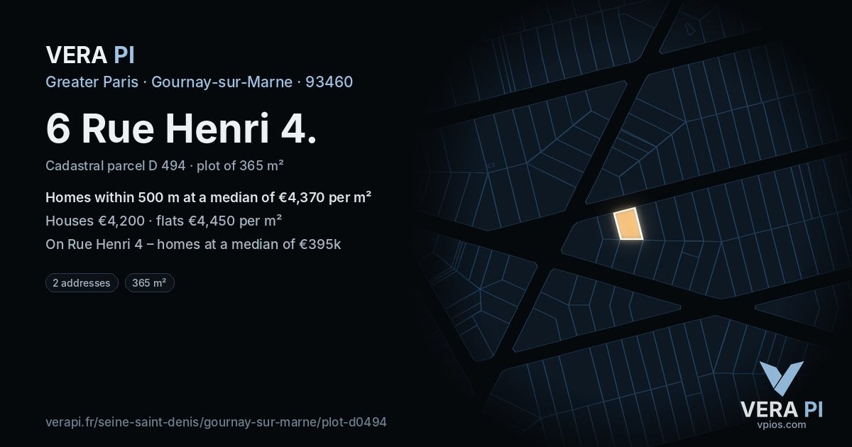 6 Rue Henri 4, Gournay-sur-Marne at night – the plot lit, the parcels around coloured by the prices near them