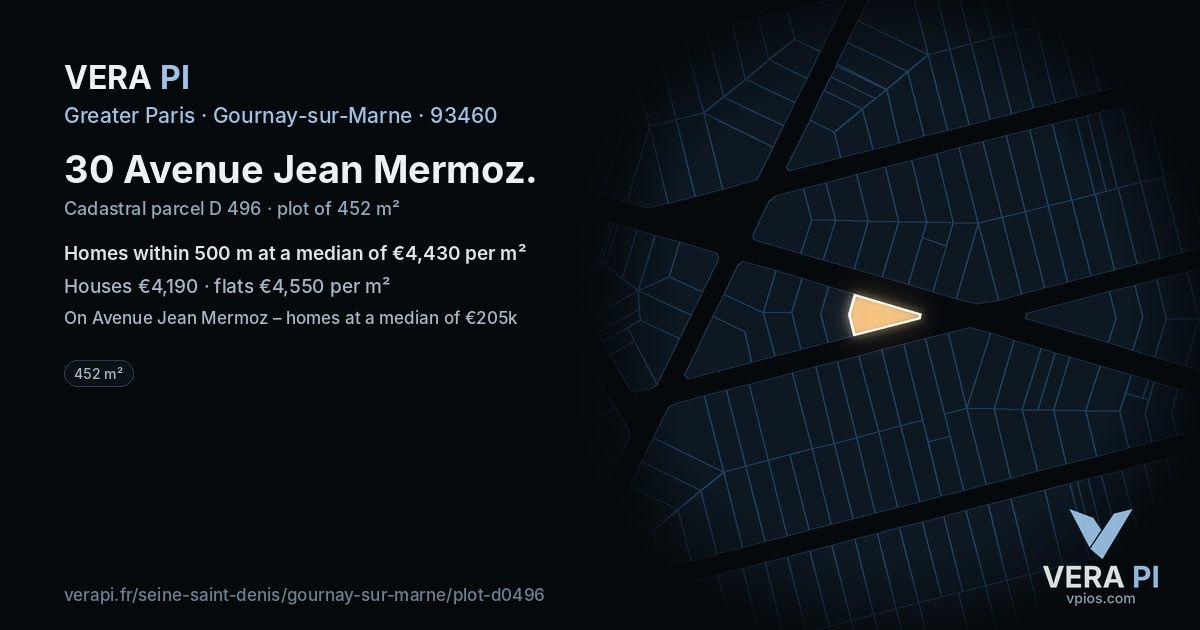 30 Avenue Jean Mermoz, Gournay-sur-Marne at night – the plot lit, the parcels around coloured by the prices near them