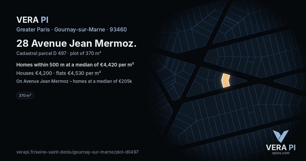 28 Avenue Jean Mermoz, Gournay-sur-Marne at night – the plot lit, the parcels around coloured by the prices near them