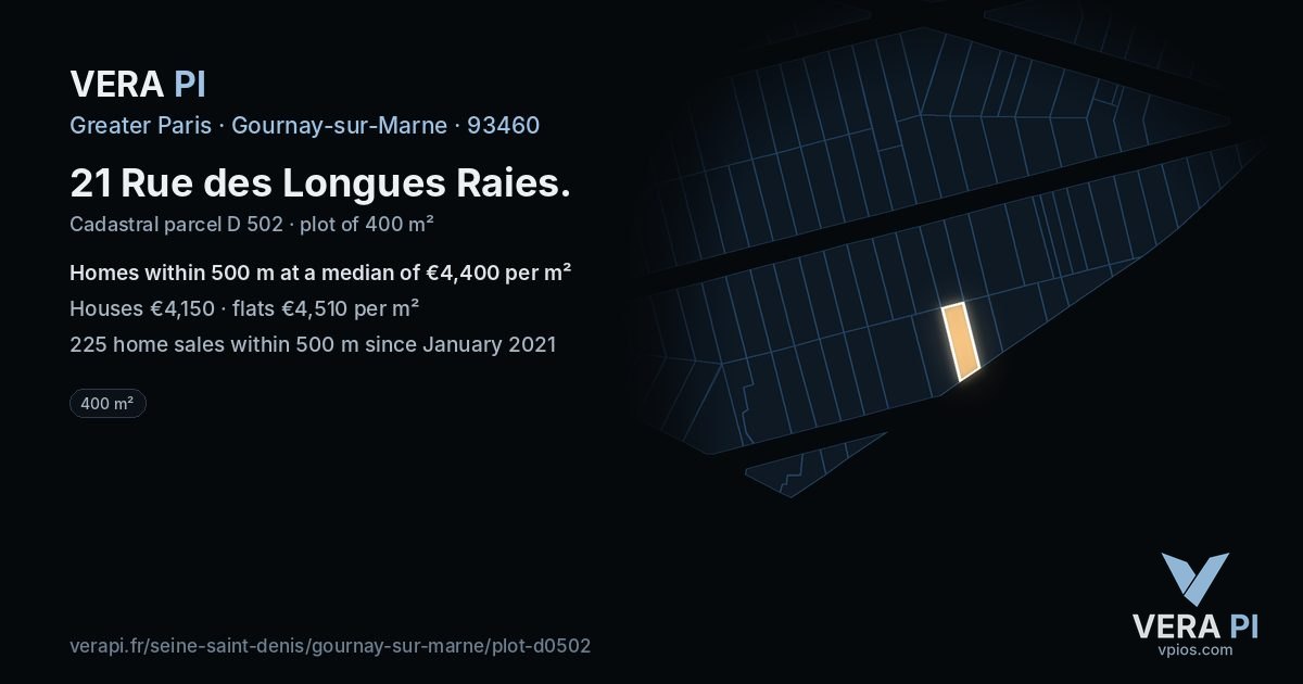 21 Rue des Longues Raies, Gournay-sur-Marne at night – the plot lit, the parcels around coloured by the prices near them