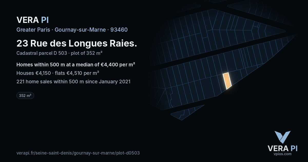 23 Rue des Longues Raies, Gournay-sur-Marne at night – the plot lit, the parcels around coloured by the prices near them