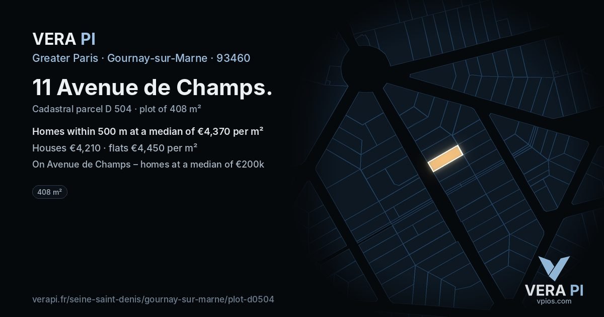 11 Avenue de Champs, Gournay-sur-Marne at night – the plot lit, the parcels around coloured by the prices near them