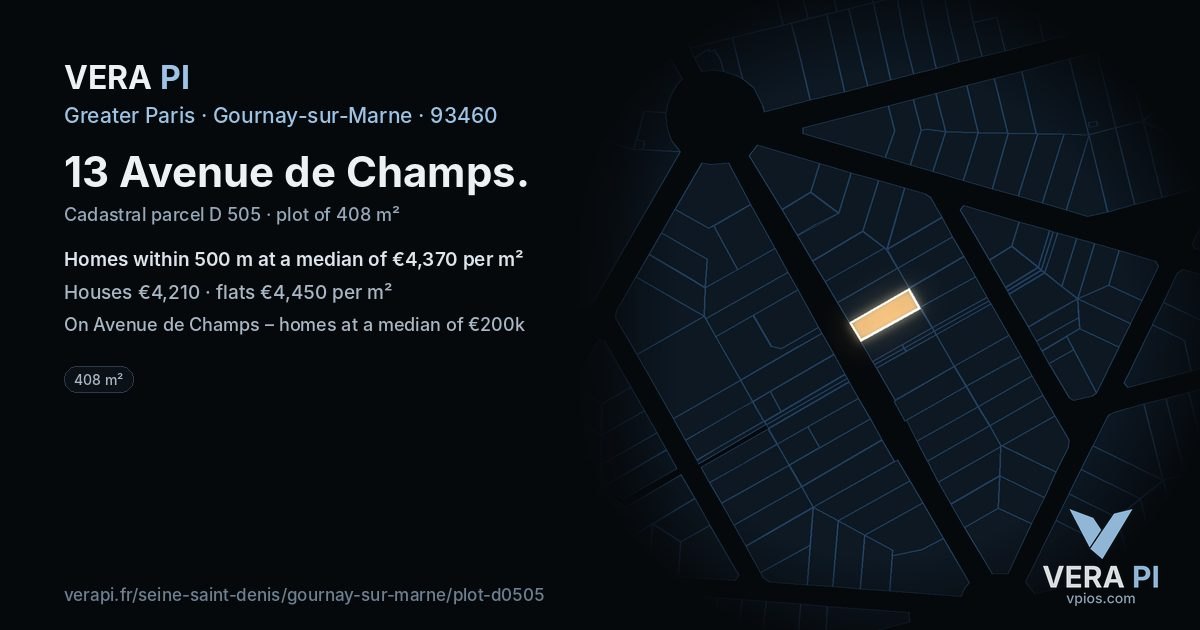 13 Avenue de Champs, Gournay-sur-Marne at night – the plot lit, the parcels around coloured by the prices near them
