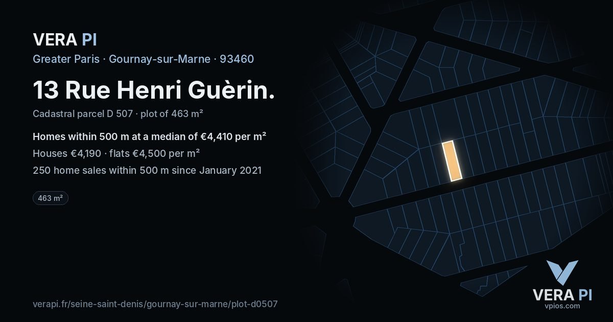 13 Rue Henri Guèrin, Gournay-sur-Marne at night – the plot lit, the parcels around coloured by the prices near them