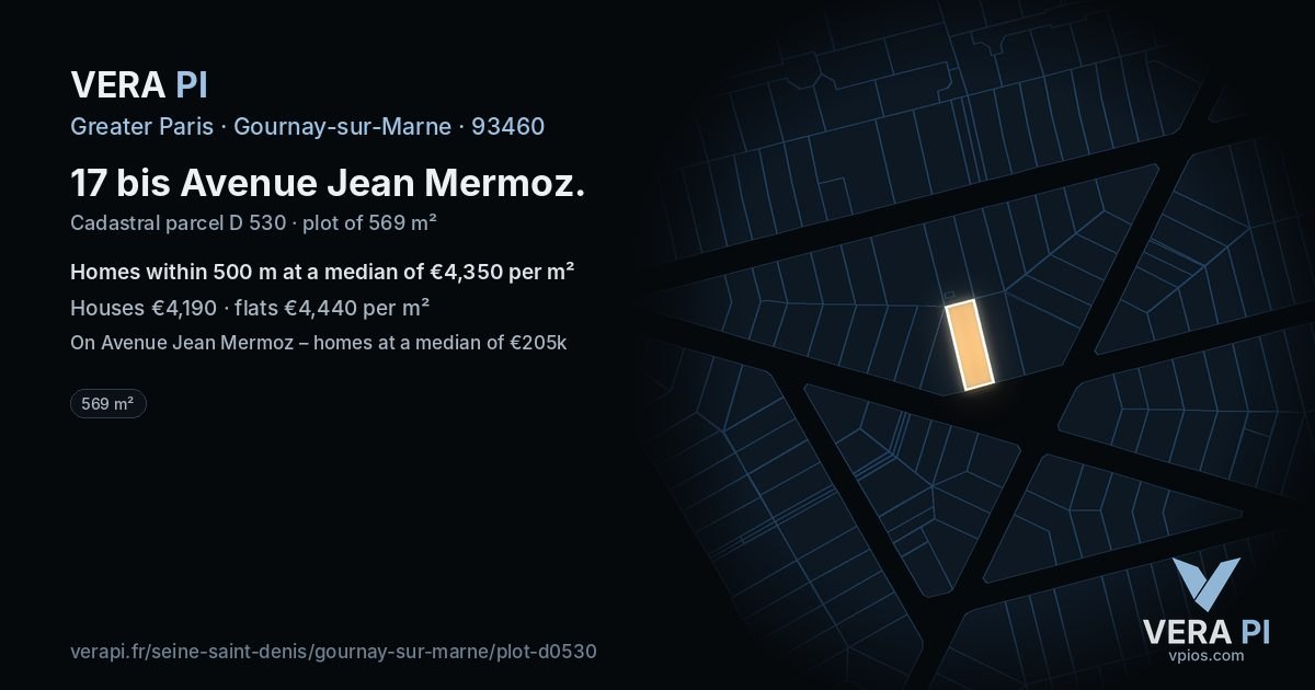 17 bis Avenue Jean Mermoz, Gournay-sur-Marne at night – the plot lit, the parcels around coloured by the prices near them