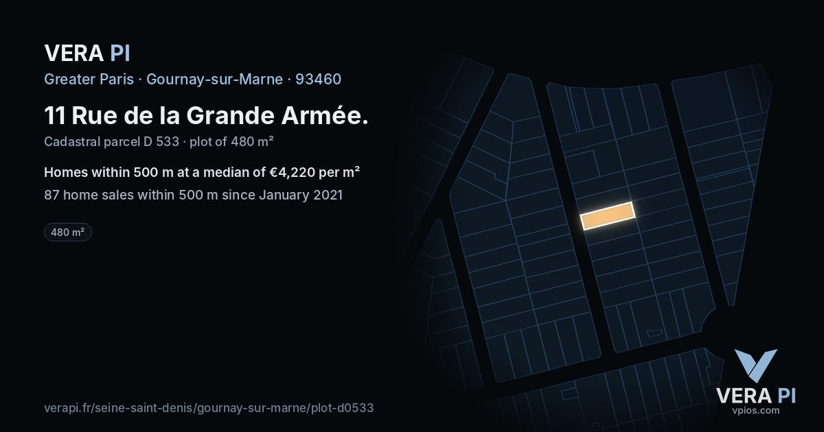 11 Rue de la Grande Armée, Gournay-sur-Marne at night – the plot lit, the parcels around coloured by the prices near them