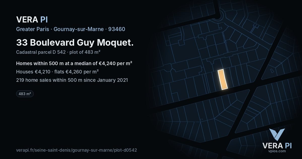 33 Boulevard Guy Moquet, Gournay-sur-Marne at night – the plot lit, the parcels around coloured by the prices near them