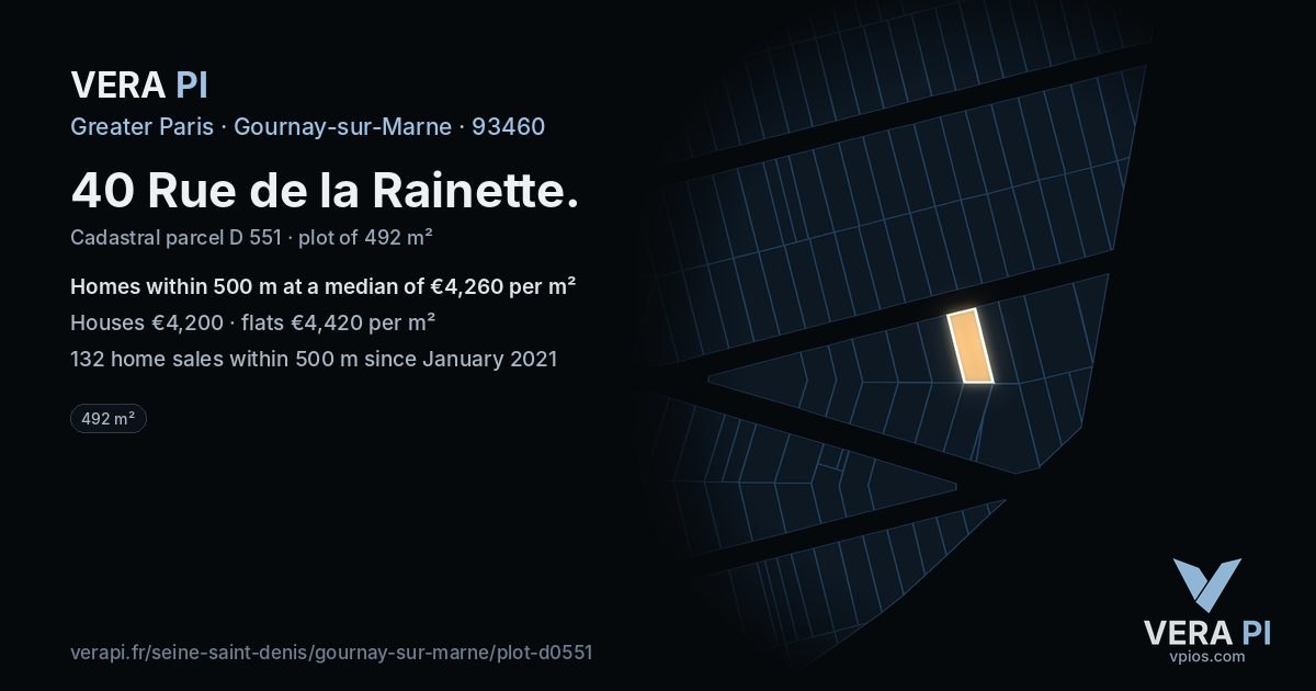 40 Rue de la Rainette, Gournay-sur-Marne at night – the plot lit, the parcels around coloured by the prices near them