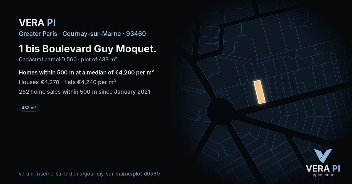 1 bis Boulevard Guy Moquet, Gournay-sur-Marne at night – the plot lit, the parcels around coloured by the prices near them