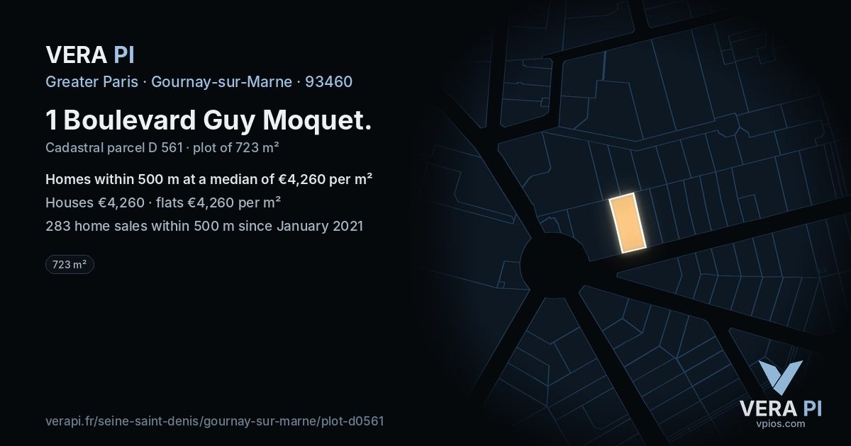 1 Boulevard Guy Moquet, Gournay-sur-Marne at night – the plot lit, the parcels around coloured by the prices near them