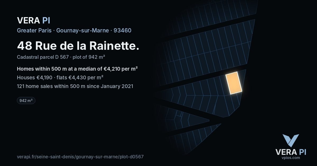 48 Rue de la Rainette, Gournay-sur-Marne at night – the plot lit, the parcels around coloured by the prices near them