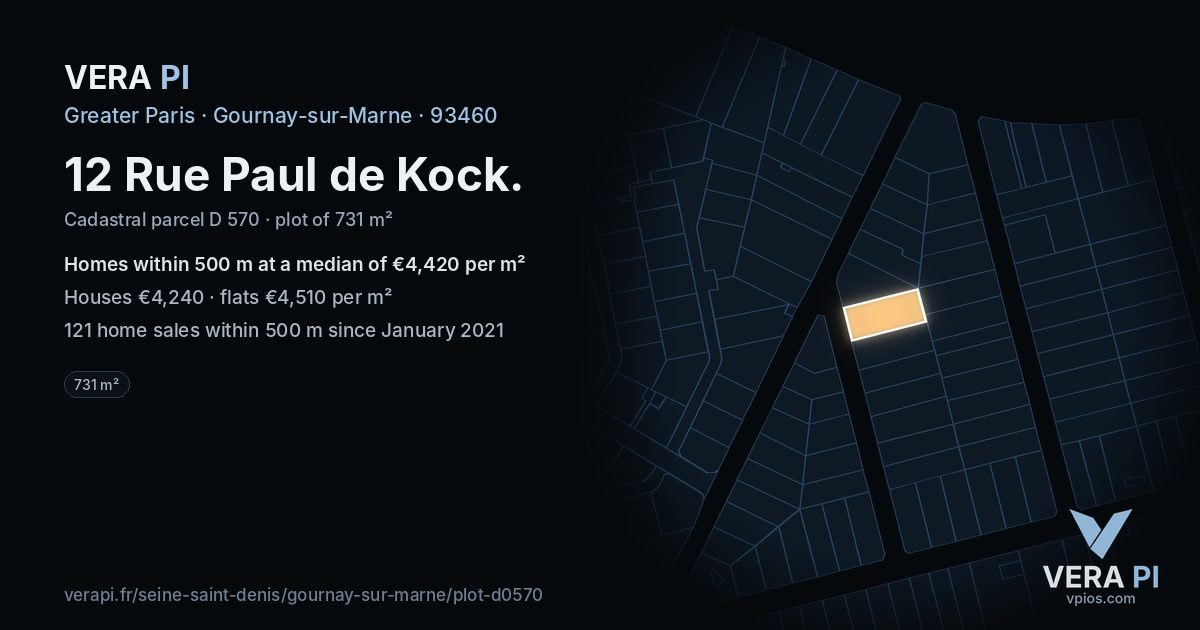 12 Rue Paul de Kock, Gournay-sur-Marne at night – the plot lit, the parcels around coloured by the prices near them