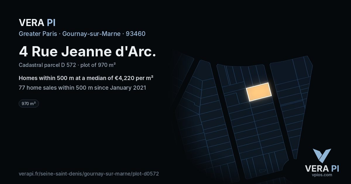 4 Rue Jeanne d'Arc, Gournay-sur-Marne at night – the plot lit, the parcels around coloured by the prices near them