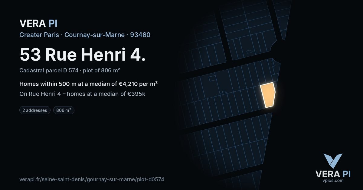 53 Rue Henri 4, Gournay-sur-Marne at night – the plot lit, the parcels around coloured by the prices near them