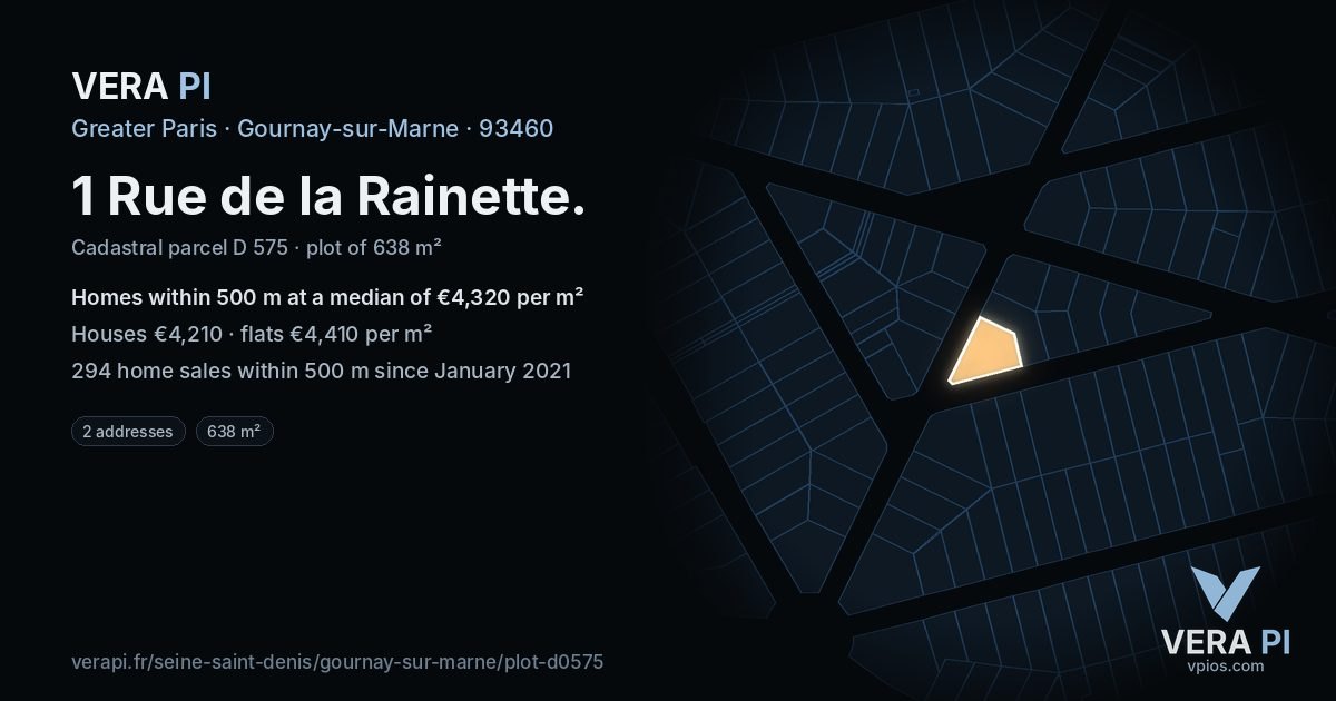 1 Rue de la Rainette, Gournay-sur-Marne at night – the plot lit, the parcels around coloured by the prices near them