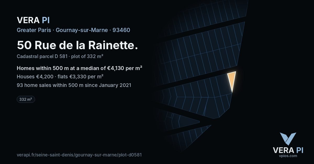 50 Rue de la Rainette, Gournay-sur-Marne at night – the plot lit, the parcels around coloured by the prices near them