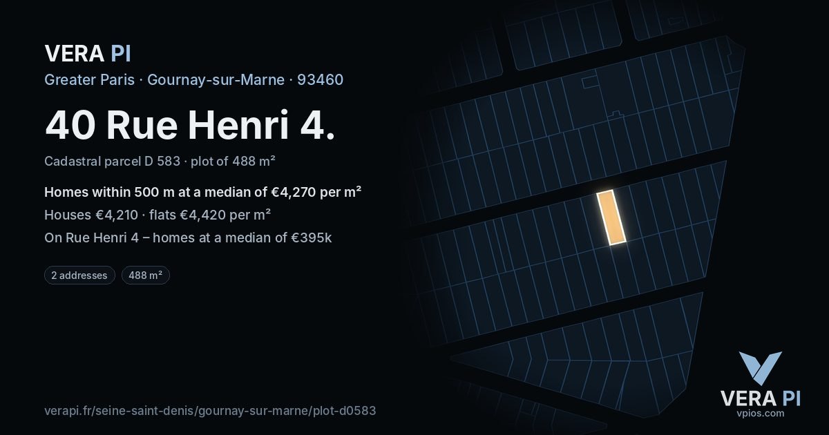 40 Rue Henri 4, Gournay-sur-Marne at night – the plot lit, the parcels around coloured by the prices near them