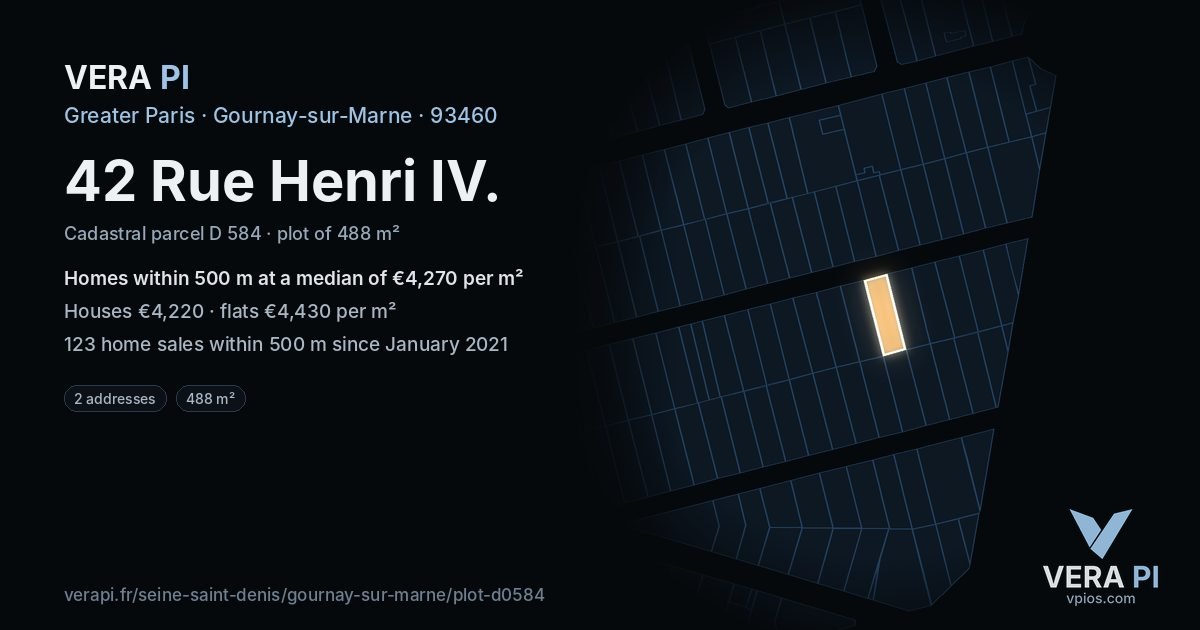 42 Rue Henri IV, Gournay-sur-Marne at night – the plot lit, the parcels around coloured by the prices near them