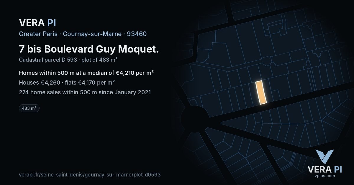 7 bis Boulevard Guy Moquet, Gournay-sur-Marne at night – the plot lit, the parcels around coloured by the prices near them