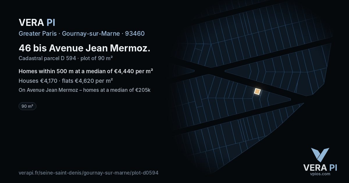 46 bis Avenue Jean Mermoz, Gournay-sur-Marne at night – the plot lit, the parcels around coloured by the prices near them