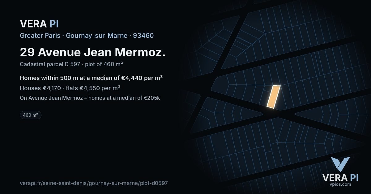 29 Avenue Jean Mermoz, Gournay-sur-Marne at night – the plot lit, the parcels around coloured by the prices near them