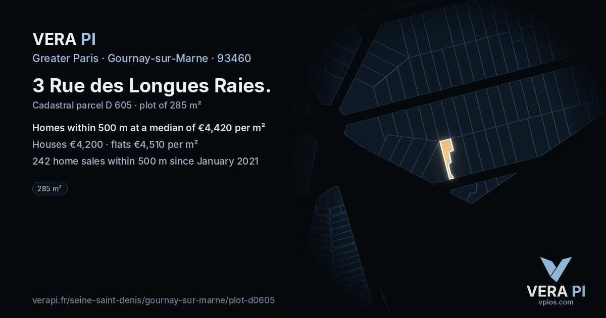 3 Rue des Longues Raies, Gournay-sur-Marne at night – the plot lit, the parcels around coloured by the prices near them