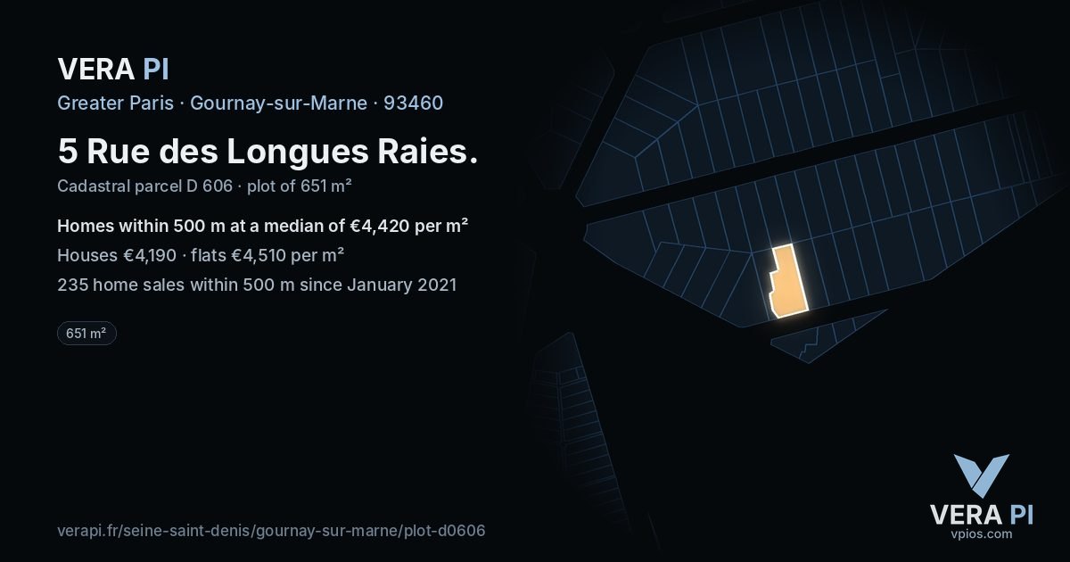 5 Rue des Longues Raies, Gournay-sur-Marne at night – the plot lit, the parcels around coloured by the prices near them