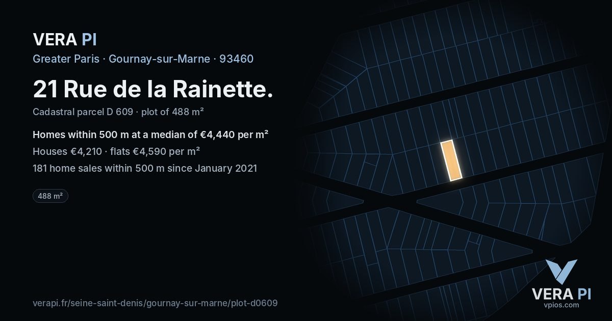 21 Rue de la Rainette, Gournay-sur-Marne at night – the plot lit, the parcels around coloured by the prices near them