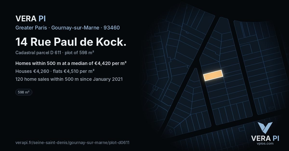 14 Rue Paul de Kock, Gournay-sur-Marne at night – the plot lit, the parcels around coloured by the prices near them