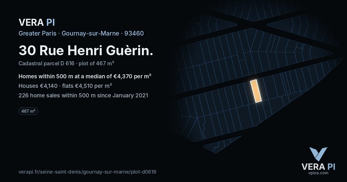 30 Rue Henri Guèrin, Gournay-sur-Marne at night – the plot lit, the parcels around coloured by the prices near them
