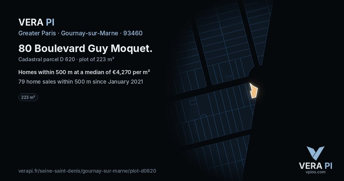 80 Boulevard Guy Moquet, Gournay-sur-Marne at night – the plot lit, the parcels around coloured by the prices near them