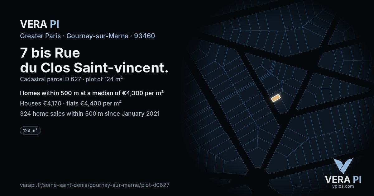 7 bis Rue du Clos Saint-vincent, Gournay-sur-Marne at night – the plot lit, the parcels around coloured by the prices near them