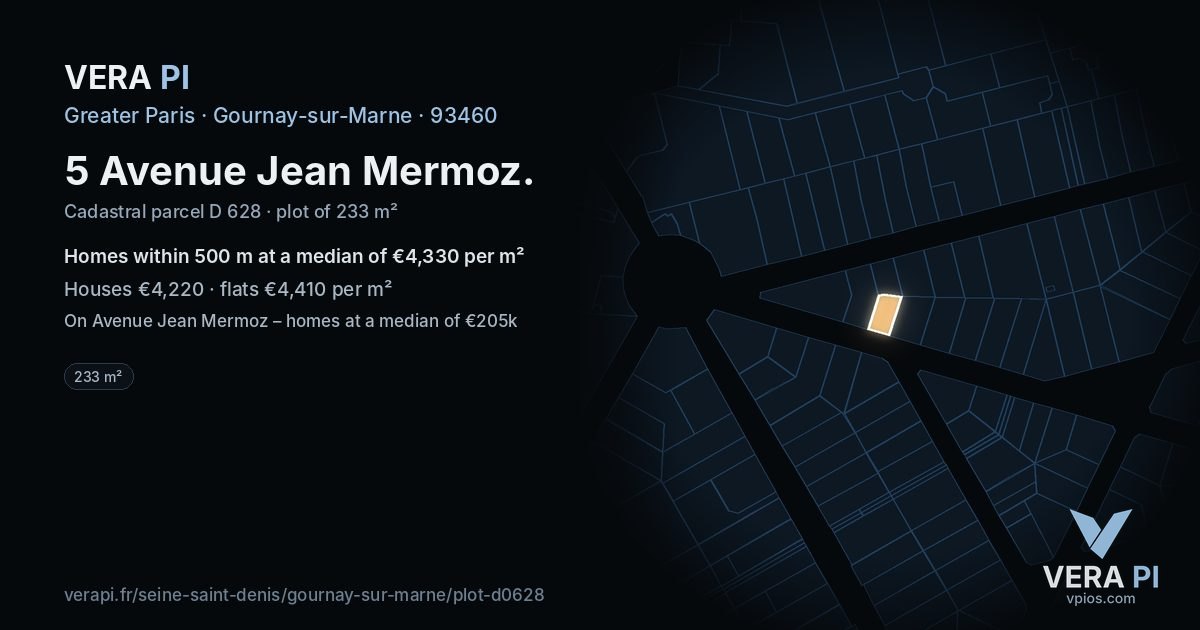 5 Avenue Jean Mermoz, Gournay-sur-Marne at night – the plot lit, the parcels around coloured by the prices near them