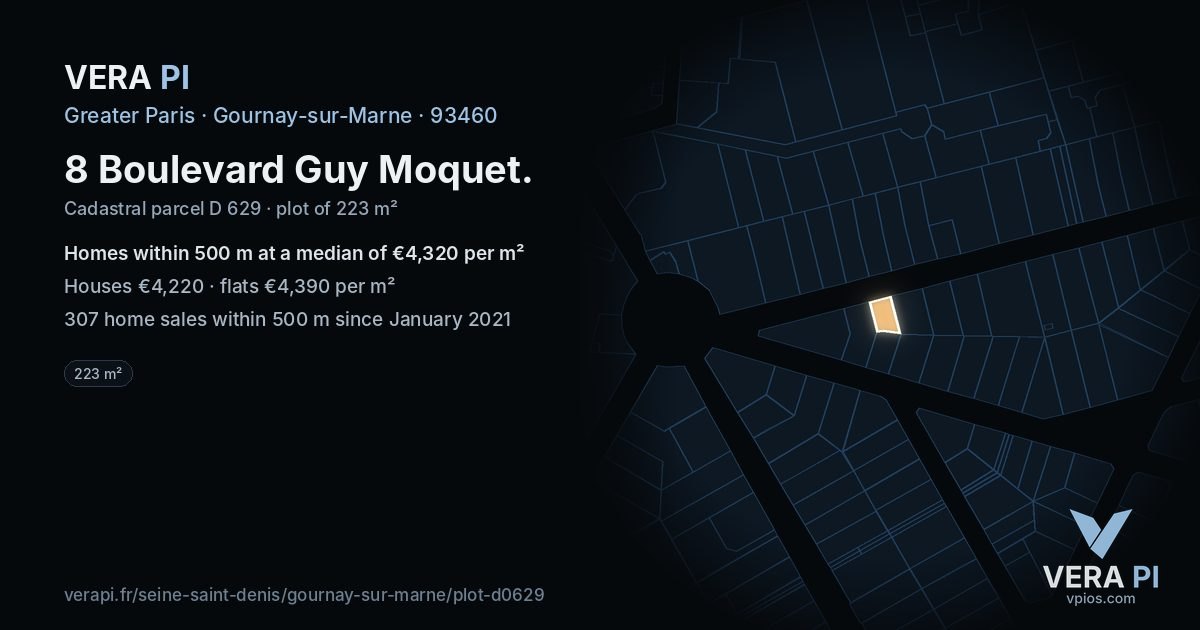 8 Boulevard Guy Moquet, Gournay-sur-Marne at night – the plot lit, the parcels around coloured by the prices near them