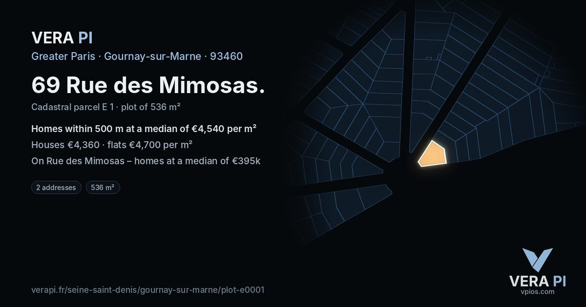 69 Rue des Mimosas, Gournay-sur-Marne at night – the plot lit, the parcels around coloured by the prices near them