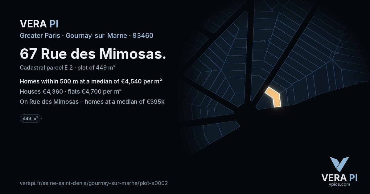 67 Rue des Mimosas, Gournay-sur-Marne at night – the plot lit, the parcels around coloured by the prices near them