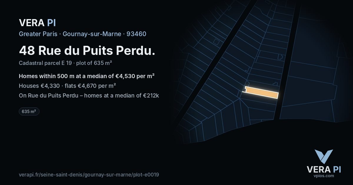 48 Rue du Puits Perdu, Gournay-sur-Marne at night – the plot lit, the parcels around coloured by the prices near them