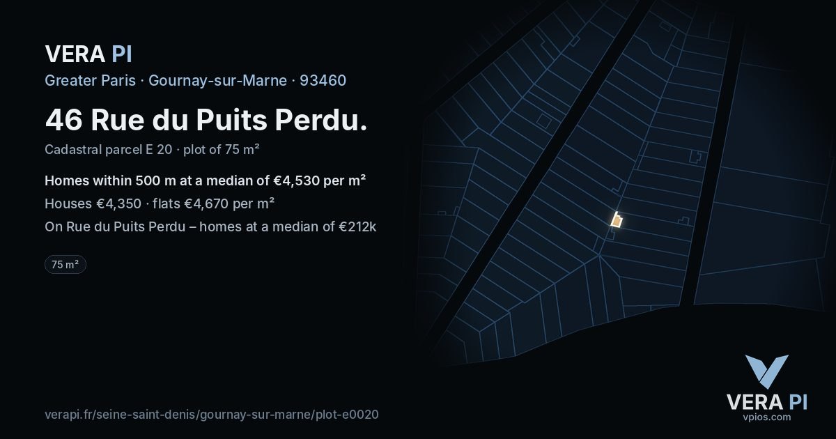 46 Rue du Puits Perdu, Gournay-sur-Marne at night – the plot lit, the parcels around coloured by the prices near them