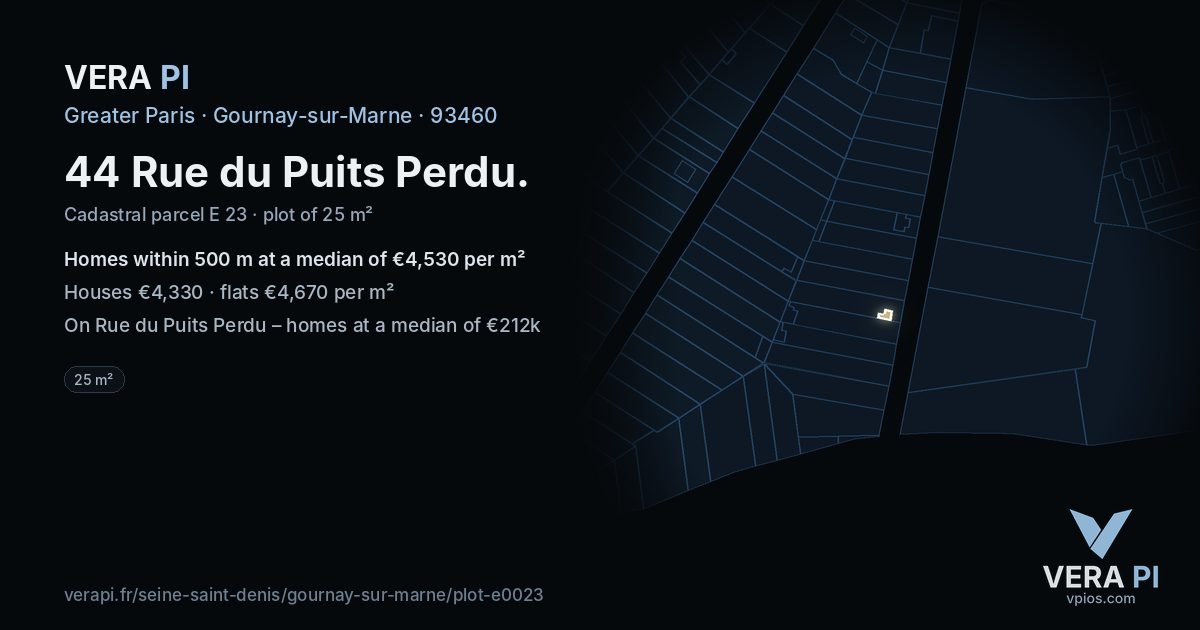 44 Rue du Puits Perdu, Gournay-sur-Marne at night – the plot lit, the parcels around coloured by the prices near them