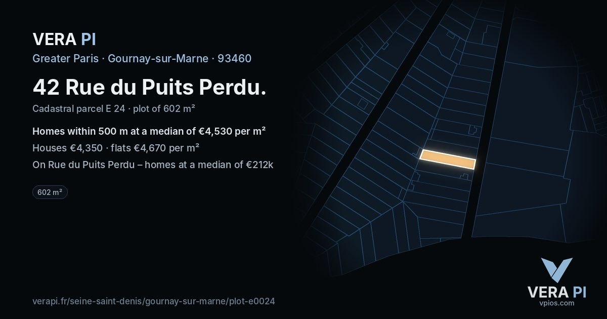 42 Rue du Puits Perdu, Gournay-sur-Marne at night – the plot lit, the parcels around coloured by the prices near them