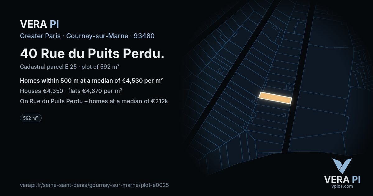 40 Rue du Puits Perdu, Gournay-sur-Marne at night – the plot lit, the parcels around coloured by the prices near them