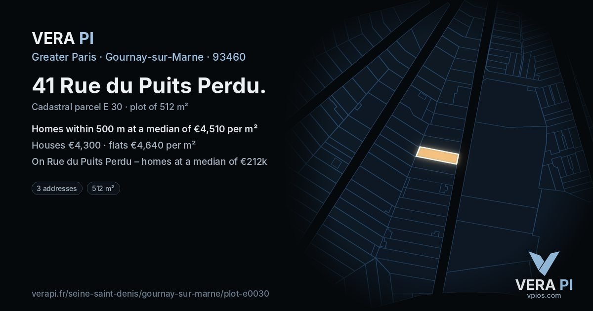 41 Rue du Puits Perdu, Gournay-sur-Marne at night – the plot lit, the parcels around coloured by the prices near them