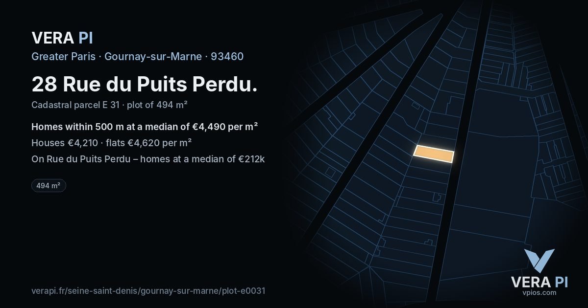 28 Rue du Puits Perdu, Gournay-sur-Marne at night – the plot lit, the parcels around coloured by the prices near them
