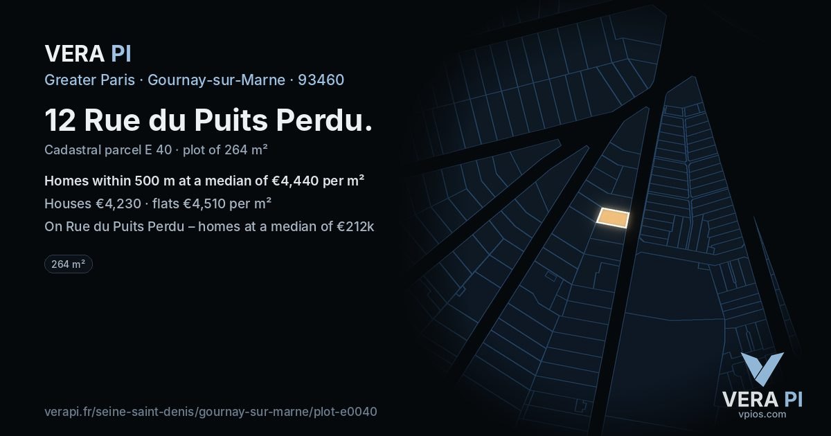 12 Rue du Puits Perdu, Gournay-sur-Marne at night – the plot lit, the parcels around coloured by the prices near them