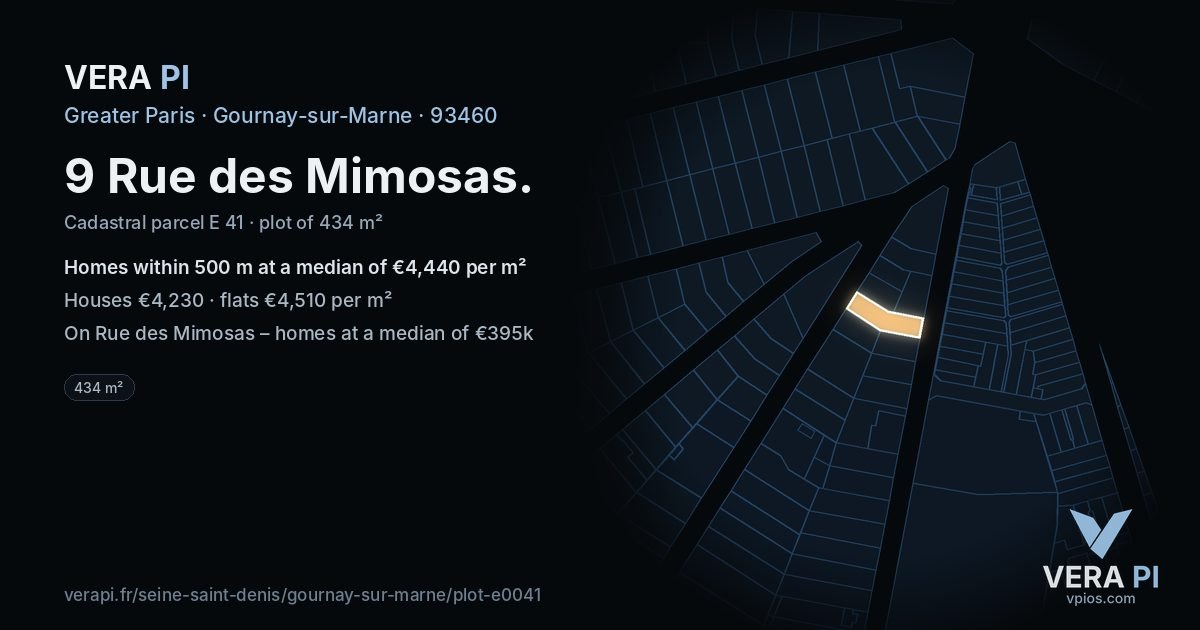9 Rue des Mimosas, Gournay-sur-Marne at night – the plot lit, the parcels around coloured by the prices near them