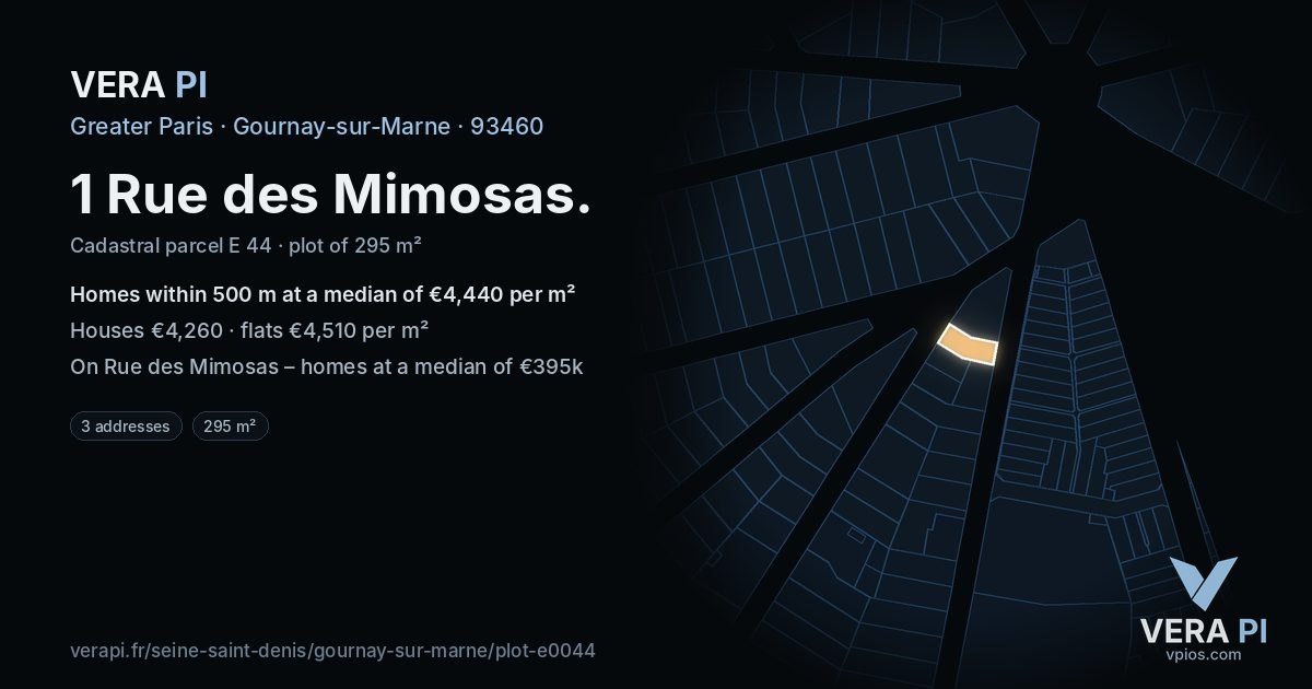 1 Rue des Mimosas, Gournay-sur-Marne at night – the plot lit, the parcels around coloured by the prices near them