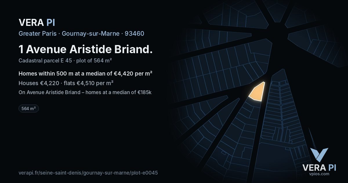 1 Avenue Aristide Briand, Gournay-sur-Marne at night – the plot lit, the parcels around coloured by the prices near them