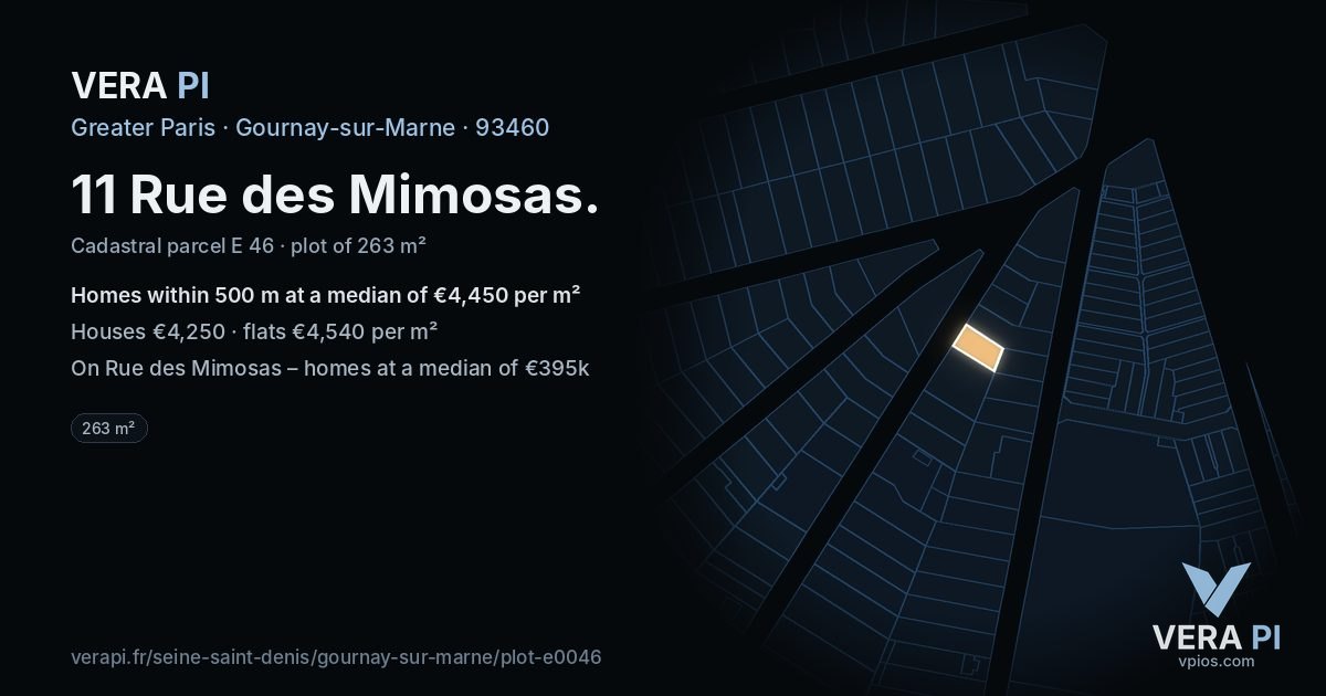 11 Rue des Mimosas, Gournay-sur-Marne at night – the plot lit, the parcels around coloured by the prices near them