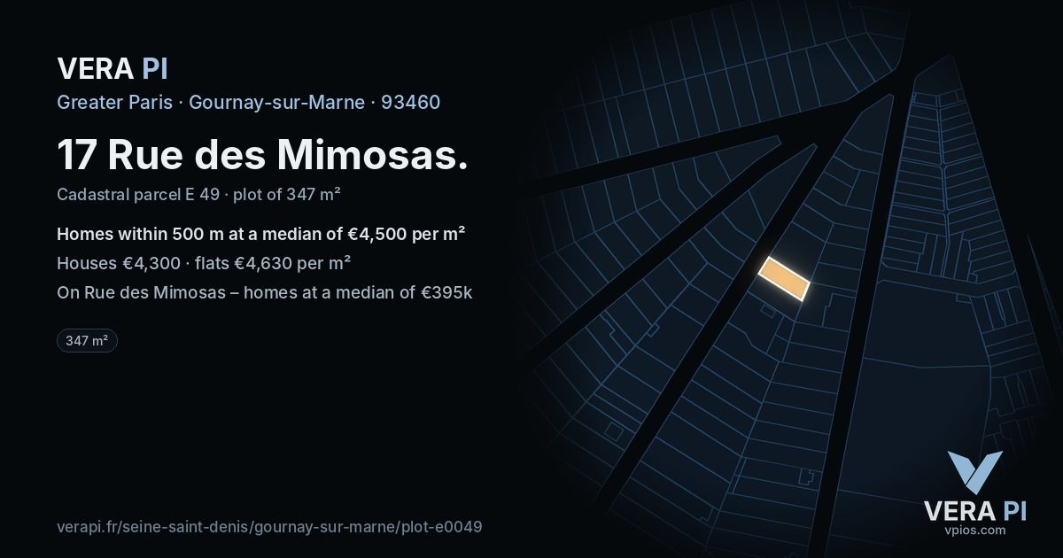17 Rue des Mimosas, Gournay-sur-Marne at night – the plot lit, the parcels around coloured by the prices near them